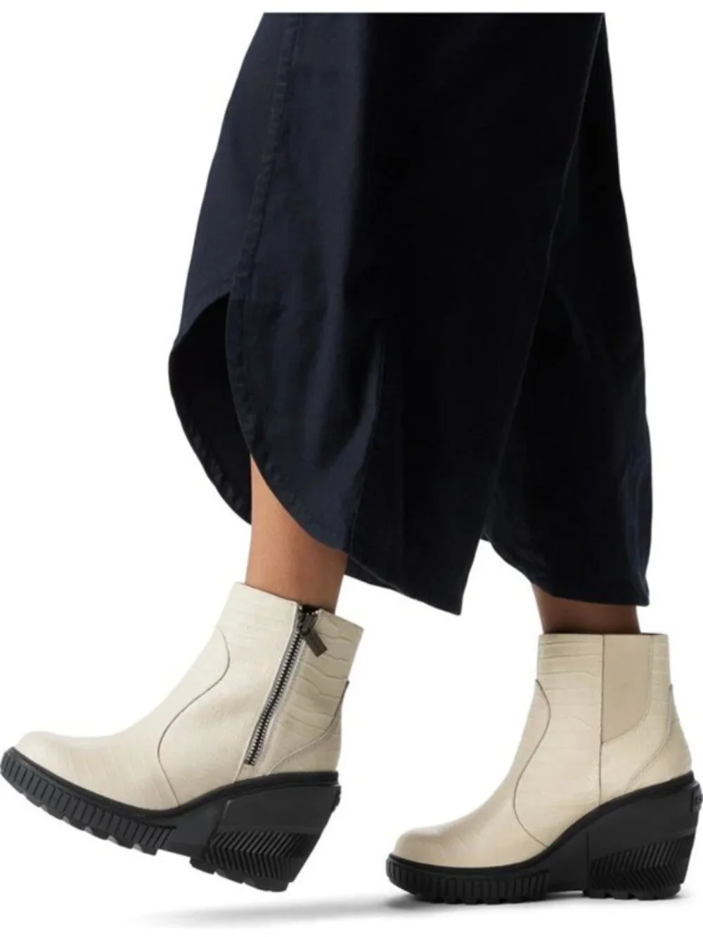 Sorel ONA Ave Zip Wedge Boots Leather Booties Chalk & Black Size 8.5 NEW